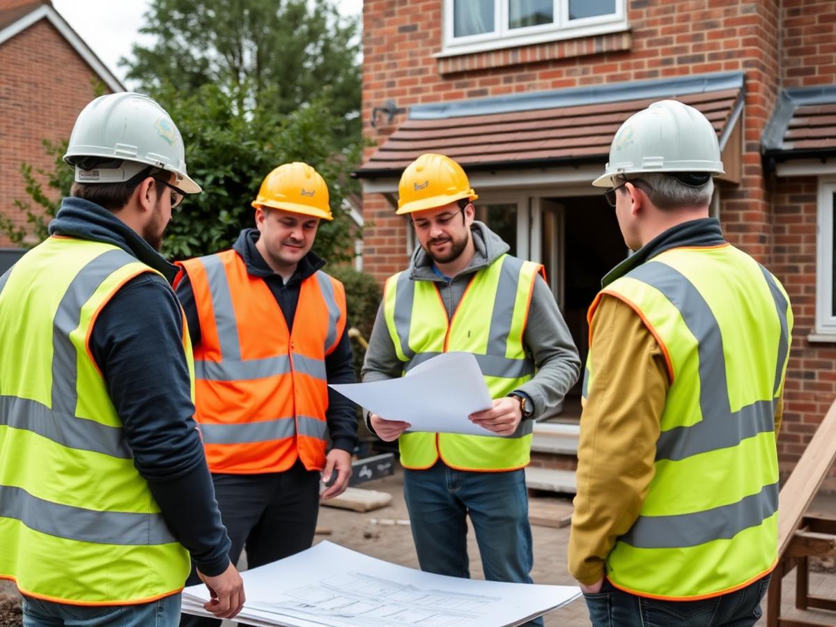 Oakline Home Improvements team reviewing plans outside a Manchester house