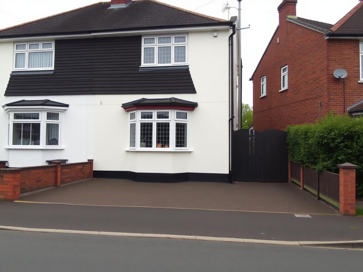 Renovated semi-detached house exterior with new render and driveway