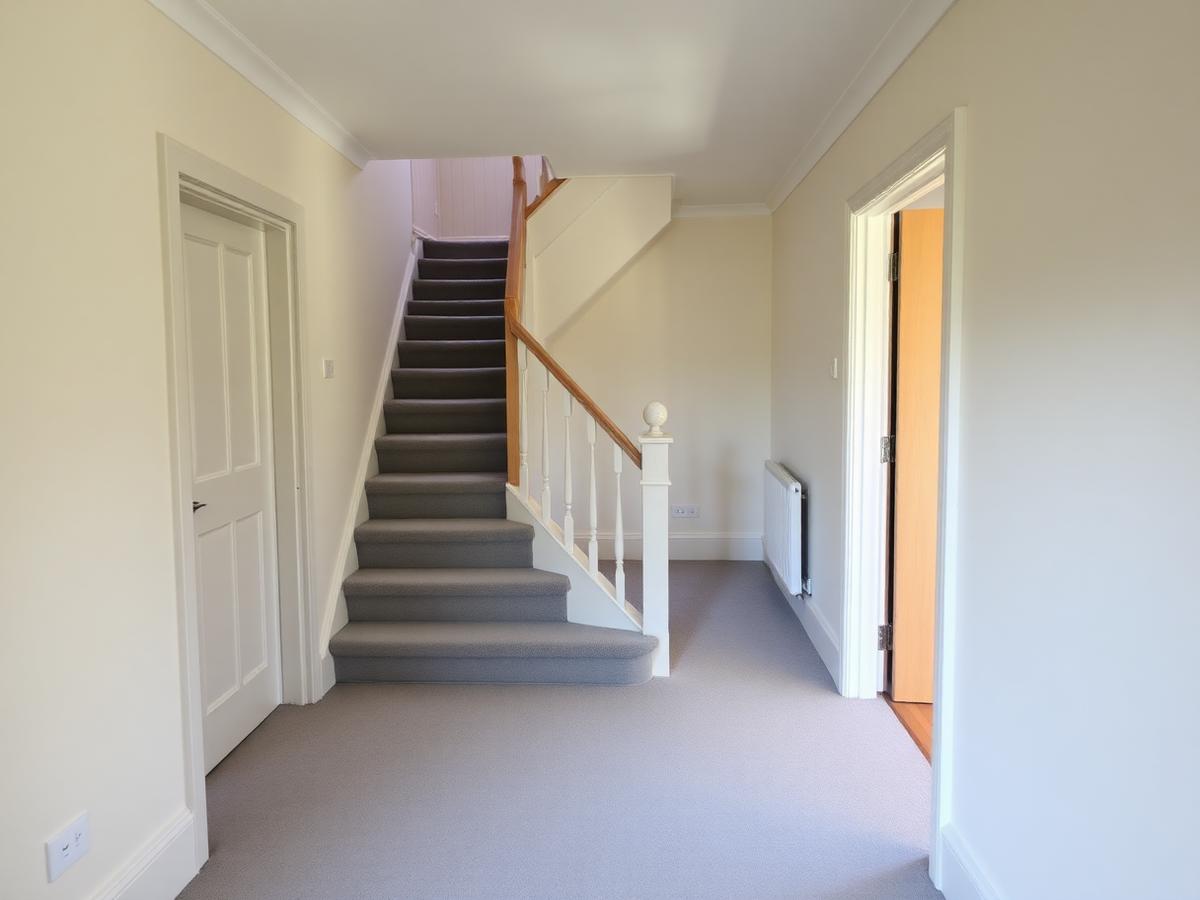 Renovated hallway and staircase with new carpet and painted walls