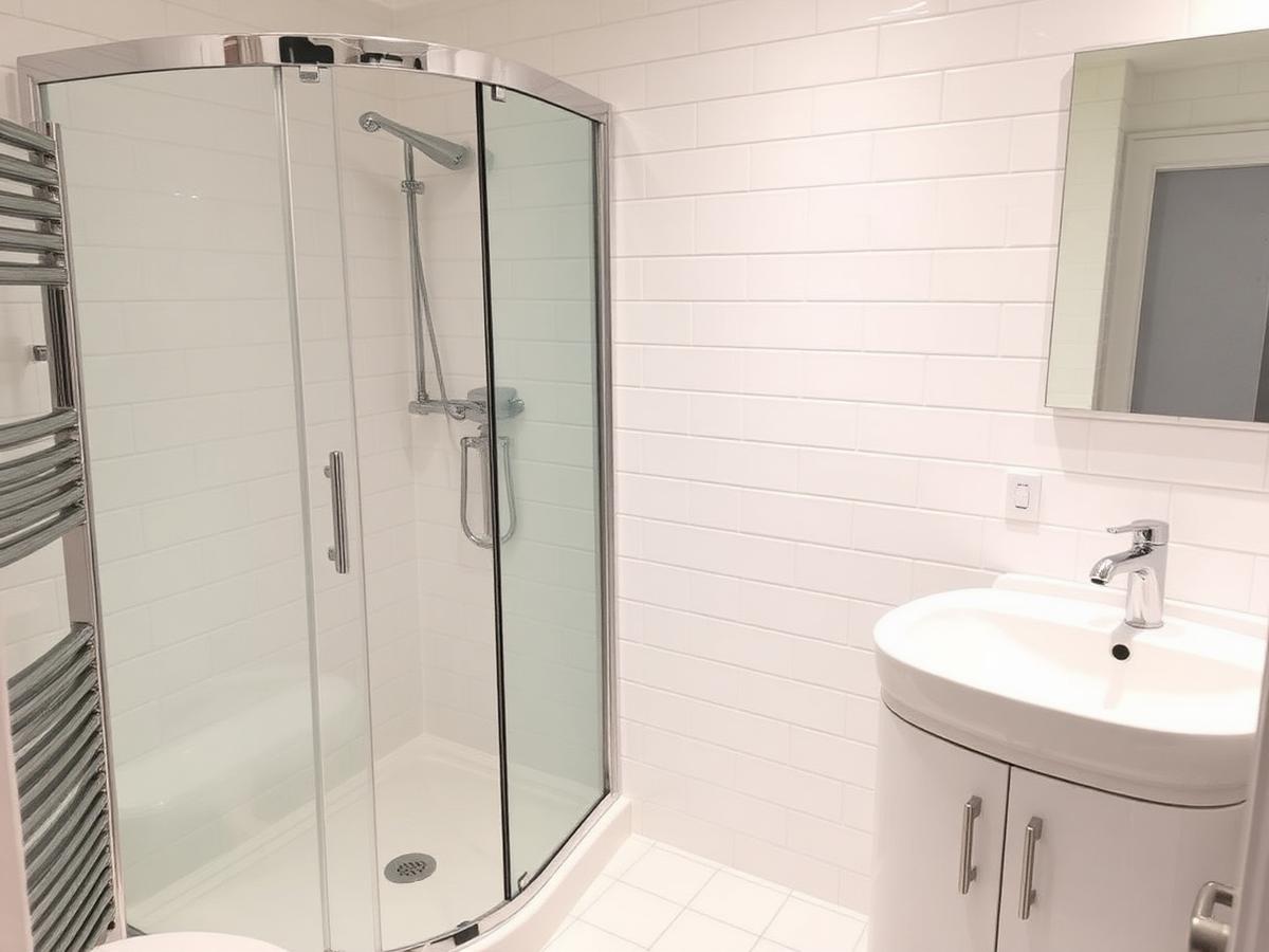 Refurbished bathroom with white tiling, walk-in shower and vanity unit