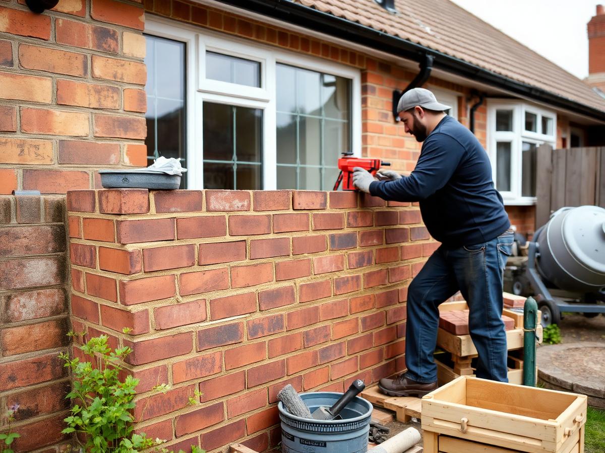 Bricklayer building a red brick garden wall at a house