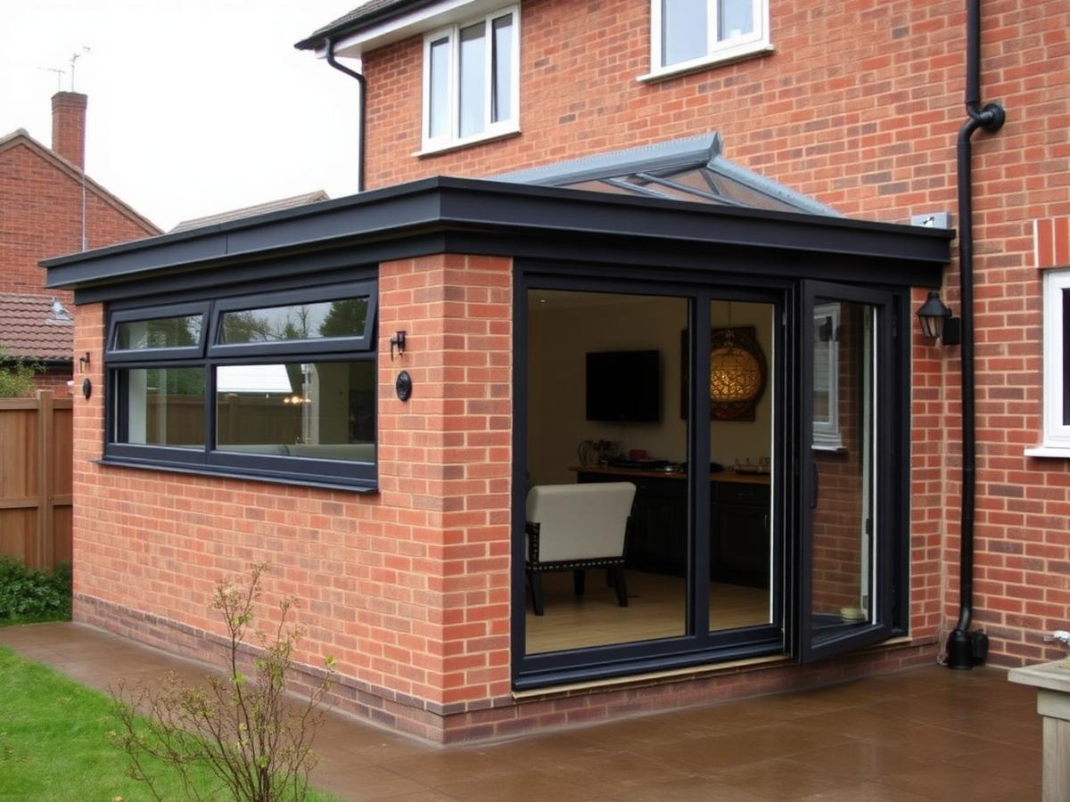 Single-storey brick rear extension with bifold doors on a semi-detached house