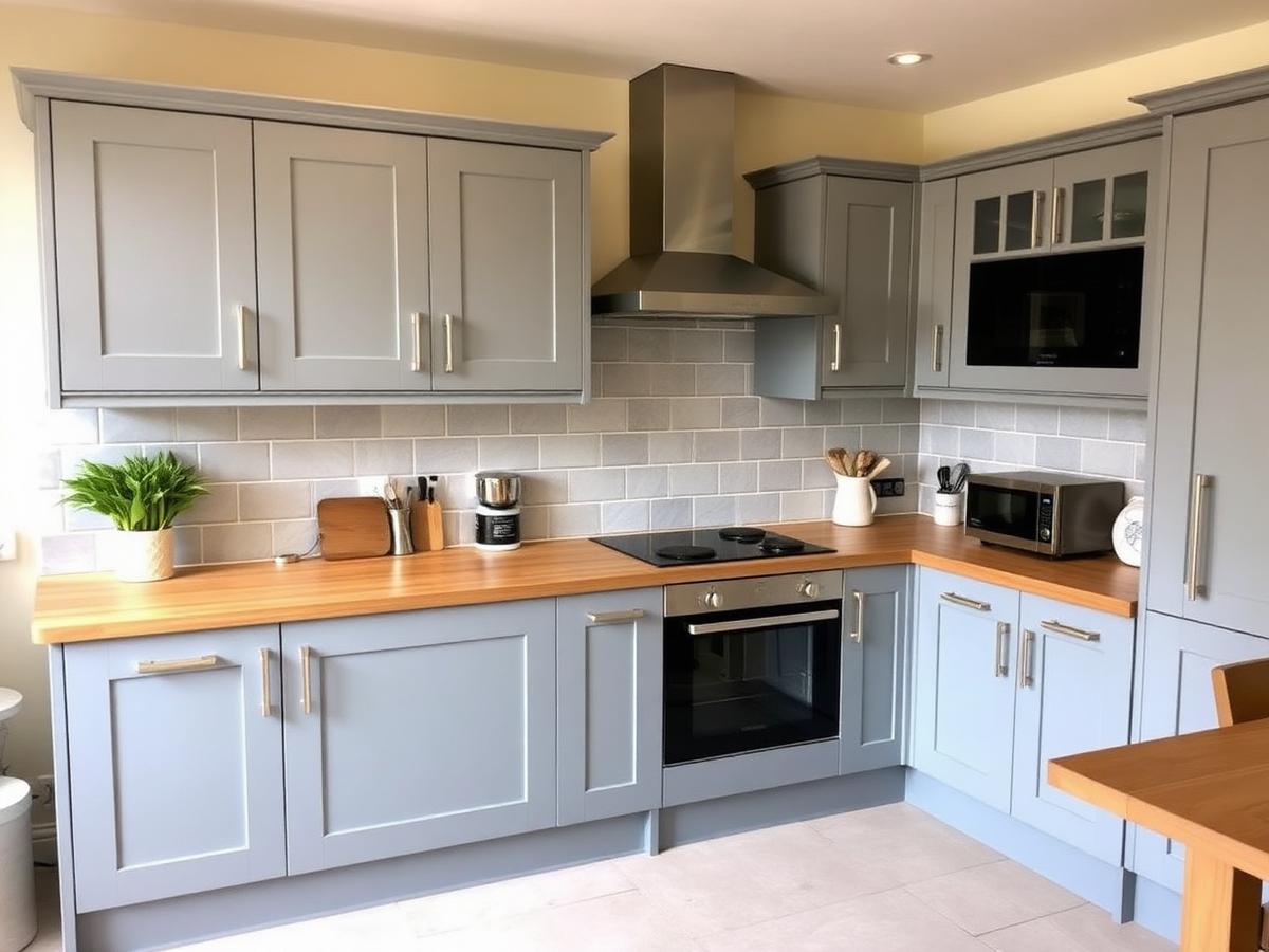 Newly fitted grey shaker kitchen with wooden worktop and tiled splashback