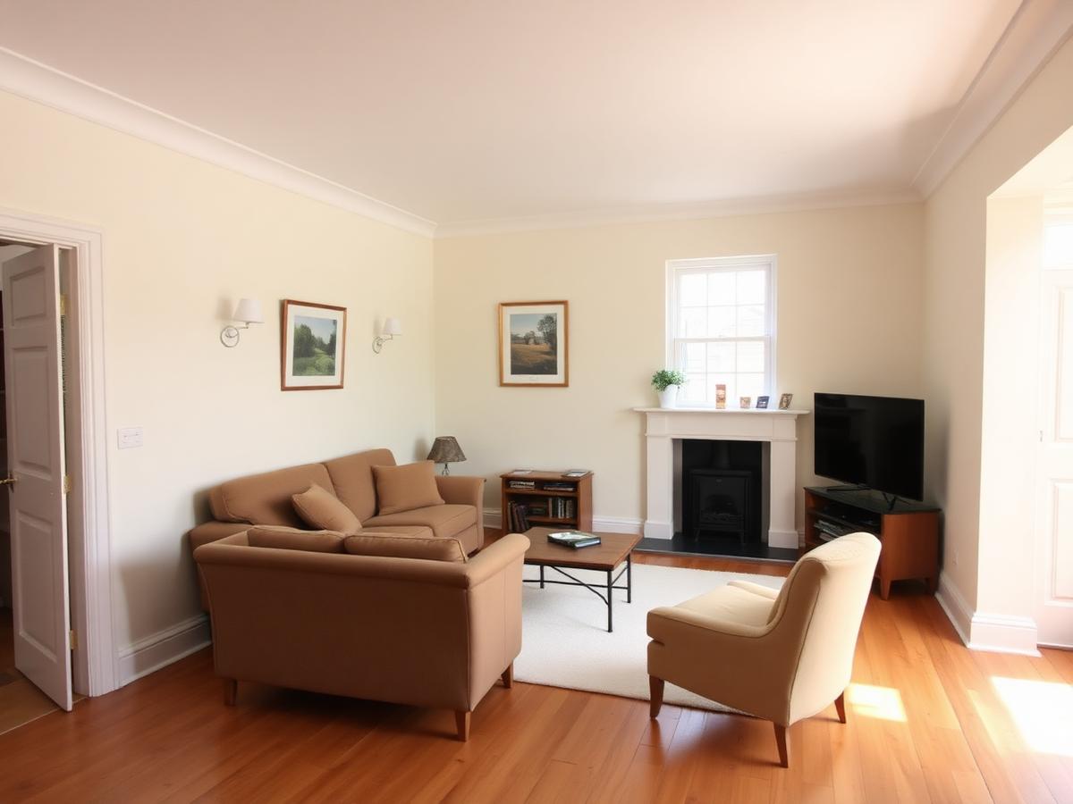 Freshly renovated living room with new flooring and painted walls