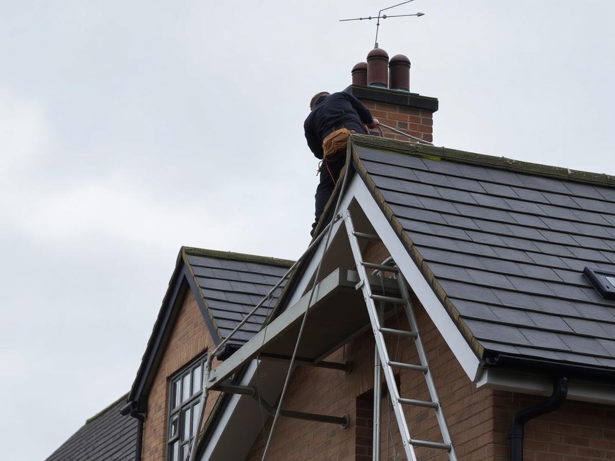 Roofer working on grey slate roof tiles from a ladder